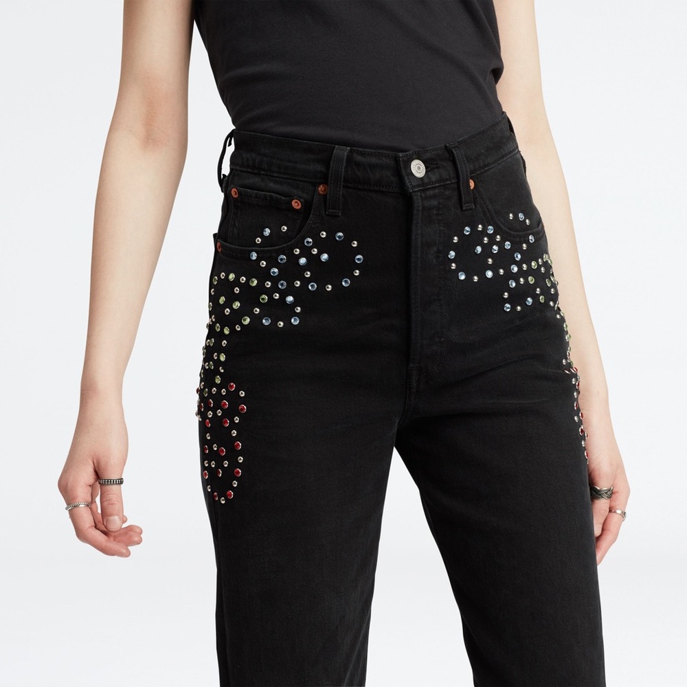 NWT Rhinestone Studded Levi's Womens  Ribcage Black Denim Jeans